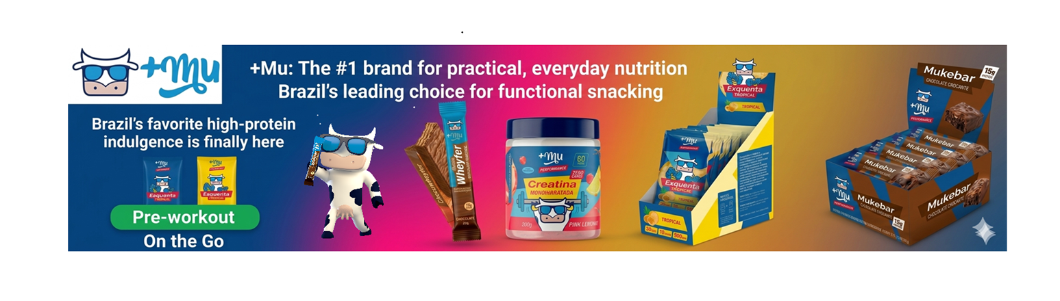 Promotional banner for Mu protein bars and drinks with colorful packaging on a blue background.